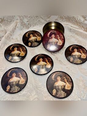 Pepsi Cola VTG 6 Metal Coaster Set Lidded Tin Victorian Gibson Girl Advertising